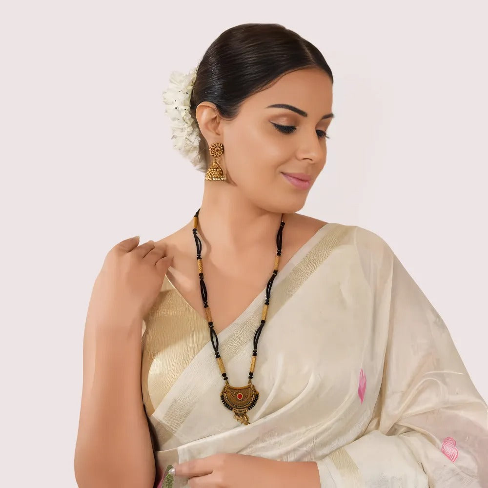 Heritage Layered Bead Mangalsutra with Antique Crescent Pendant