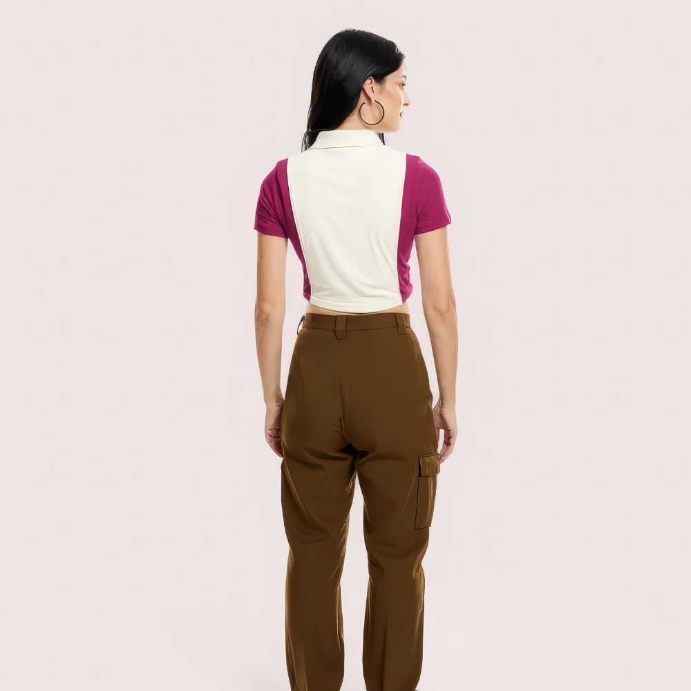 &quot;Campus Cool&quot; Zip Polo Crop Top – Maroon &amp; White